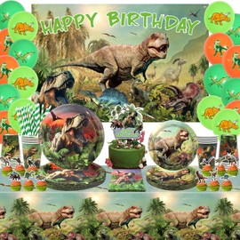 Dinosaur Birthday Party Decorations, Dinosaur Party Supplies, Including Happy Birthday Banner, Cupcake Toppers, Balloons, Tablecloth, Plate, Tablewares for Kids, Boys, Girls, Serves 20 (Backdrop)
