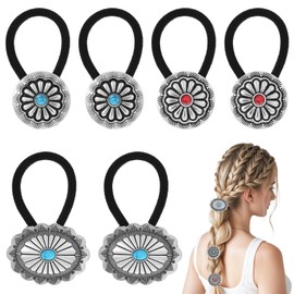 MBAIYO Western Ponytail Holders, 6 Pcs Boho Metal Hair Ties Western Flower Circular Hair Ropes Vintage Turquoise Concho Squash Blossom Hair Bands for Women Decoration Accessories