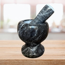 THY Collectibles Natural Marble Mortar and Pestle Set, Stone Grinder Bowl for Spices, Herbs, Garlic, Guacamole, Salsa, and Nuts Molcajete Bowl for Kitchen & Cooking (Black Marble, Diameter 4")