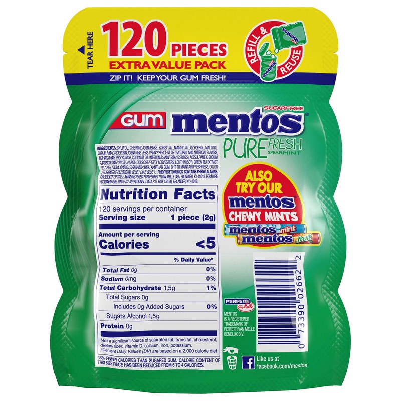 Mentos Pure Fresh Sugar-Free Chewing Gum with Xylitol, Spearmint, 120