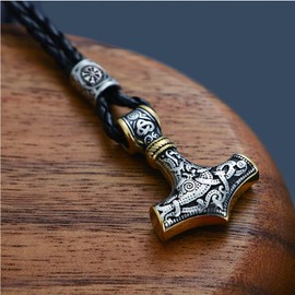 ZFSBRTL Thor's Hammer Necklace, Men's Nordic Mythology Stainless Steel Mjölnir Pendant Viking Vegvisir Rune Amulet Biker Jewellery Anniversary Birthday Gift 60 cm Chain, Leather Chain