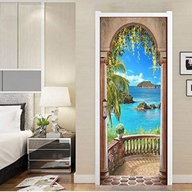 FLFK 3D Balcony Arch Seascape Door Stickers Self-Adhesive Wall Murals Photo Wall Decals 30.3"x78.7"