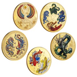 Ecally 5 Pieces Chinese Lucky Coin Ancient Mythical Creatures Charming Ancient Dragon and Phoenix Chinese Coins Animal Commemorative Novelty Metal Coins for Office Fortune Collection Gifts Supplies