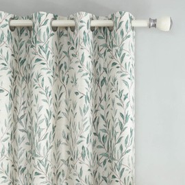 VOGOL Natural Grommet Curtains for Kitchen, 63 Inches Long Vivid Leaves Pattern Printed Linen Textured Draperies, Energy Saving Window Treatments for Bedroom Front Door, 1 Panel