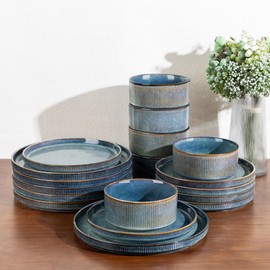 GBHOME Stoneware Dinnerware Sets for 6,Round Reactive Glaze Ceramic Plates and Bowls Set,Highly Scratch Resistant | Dishwasher & Microwave Safe Dishes Set,Service for 6(18Pcs),Ceylon Blue