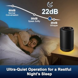 Purificador de Aire Filtro H13 HEPA, Purifica Polvo Alergias Olores, Silencioso 22dB para Recámara Oficina Departamento, Luz Nocturna Regulable (Negro