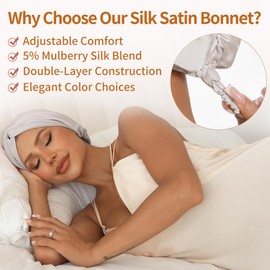 Adjustable Silk Satin Sleep Bonnet with 5% Mulberry Silk – Double Layer Hair Cap for Women & Men, Extra Smooth Night Cap for Curly, Braided, Natural & Straight Hair – Shower Cap (Champagne)