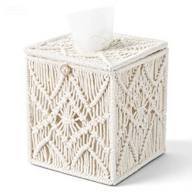 Macrame Tissue Box Cover Boho Decor - 6.7" Ivory Square Tissue Holder with Bead Buckle, Handwoven Cotton Organizer for Bathroom, Bedroom, Office Desk