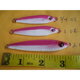 HOME MADE 15 PCS. ANCHOVY FISH JIG/SPOON STYLE LURE BAIT, 3/4, 1, 2 OZ. 5 EA. PINK/WHITE