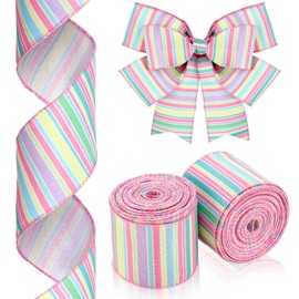 Dingion 2 Rolls 20 Yards Spring Wired Edge Ribbon Horizontal Stripe Wired Edge Ribbon Pastel Stripe Canvas Spring Decorative 2.5 inch Craft for Wrapping Easter Party Crafting