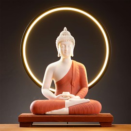 QINLANG 12 inch Red Buddha Statue and 15.74 inch LED Circle Table Lamp, Indoor Buddha Statues for Home Décor
