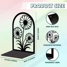 Peacoblue Metal Bookends for Shelves, Modern Decorative Heavy Duty Study Book Support Stoppers for Office, Desk, Shelf, Room 5.3"x4.3"x7.9" Cast Iron Simple Tall Bookends, 1 Pair (Dandelion)