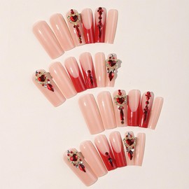 Press on Nails Extra Long - Aegenacess Square Press On Nails with 3D Heart Rhinestones, Luxurious Y2K Fake Nails with Glue Sticker, Handmade 24 pcs Stick On Nails False Nail in 12 Sizes