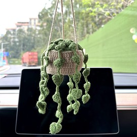 Bohemia Car Plant Crochet Hanging Basket Hanging Plant for Car Decor Car Accessories Cute Potted Plants Crochet Car Ornament Rear View Mirror Accessories Car Ornament for Friends Female