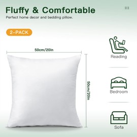 OTOSTAR Pack of 2 Down and Feather Throw Pillow Inserts, 20 x 20 Soft Fluffy Square Pillow Inserts with 100% Cotton Cover Decorative Pillows for Sofa Couch Bed-White