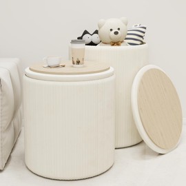 Twira Round Ottoman with Storage Set of 2, Velvet Nesting Ottoman for Living Room,Bedroom,Dorm,RV, Flip-up Lid Coffee Table, Upholstered Makeup Vanity Stool,Multifunctional Foot Rest 330lbs Load Beige