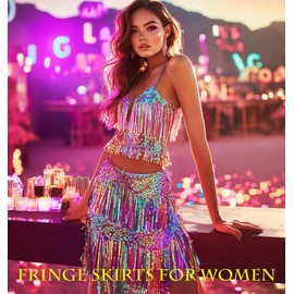 EARENT Belly Dance Hip Scarf Tassel Sequin Skirt and Top Set Rave Concert Fringe Skirts for Women, Gold, Free Size