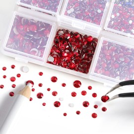 Beadsland 4300pcs Flatback Rhinestones,Red Rhinestones Nail Gems Round Crystal Rhinestones for Crafts,Mixed 6 Sizes with Picking Tweezers and Wax Pencil Kit, SS6-SS20, Siam