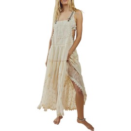 utcoco Women's Summer Laced Embroidered Tulle Bib Overall Dress Casual Loose Adjustable Straps Sleeveless Maxi Dress, Apricot, Small