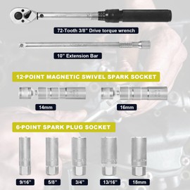 9-Piece Magnetic Spark Plug Socket Set with 3/8 Inch Drive Torque Wrench,72 Tooth 10-45 Ft.Lbs (13.5-61Nm) CR-V Steel Swivel Spark Plug Set 9/16, 5/8, 3/4, 13/16 Inch & 14,16,18mm with Extension Bar