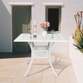 W WARMHOL Outdoor Cast Aluminum Patio Table, 35.4” Square Bistro Table with 2.2’’ Umbrella Hole for Patio Furniture Garden Deck Backyard, White