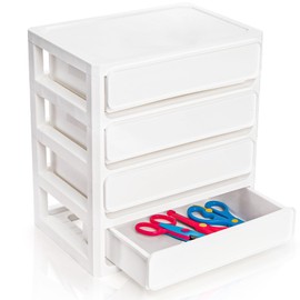 Covzoe 4 Drawer Desktop Storage Unit, 4 Layer Plastic Stacking Tabletop Organizer, White Storage Bin Container with Sliding Drawers, Desk Stationery Organizer Box for Home Classroom Office