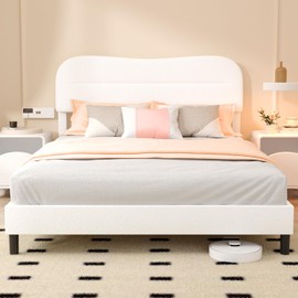 Queen Size Upholstered Bed Frame with Headboard, Soft Boucle Fabric Bedframe, Low Profile Sturdy Platform Bed Frame with Soft Rounded Corners, No Box Spring Needed/Sturdy Wooden Slats, White