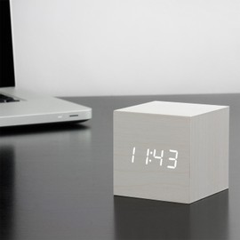 Gingko Cube LED Click Clock Alarm Clock with Sound Activation (Time, Date & Temperature), White/White