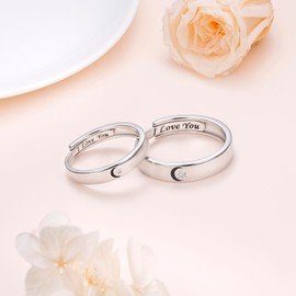 DAOSHANG 925 Sterling Silver Moon and Star Cubic Zircon Him and Her 2PCS Size 7/10 Matching Rings for Couples Adjustable Couple Rings Carved I LOVE YOU Promise Rings for Women Men