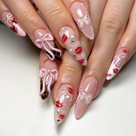 24Pcs leopard Print French Tip Press on Nails Medium Almond Fake Nails with Pearl Rhinestones Design Pink False Nails White Lace Glue on Nails Cute Bow Lips Stick on Nails for Women DIY Manicure Decor
