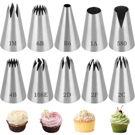 Rayakt Set of 10 professional piping nozzles, large, reusable, large stainless steel piping nozzles, suitable for cakes, cupcakes, churros and doughnuts, can be combined with piping bags.