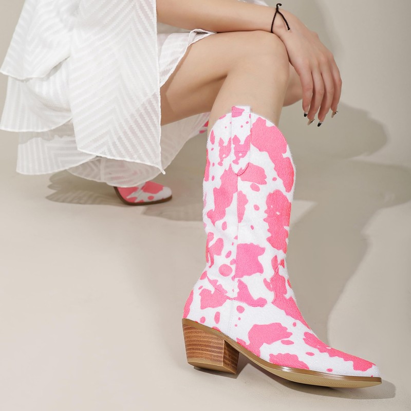 Cozivwaiy Women Cow Print Cowgirl Boots Chunky Heel Half Boots