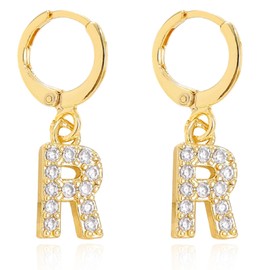 Initial Hoop Earrings for Girls Women, 18K Gold Plated CZ Letter Small Huggie Hoop Earrings with Initial Dangle Earrings Jewelry Gifts for Girls (R)