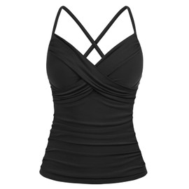 Firpearl - Traje de baño tankini con aros para mujer, con cuello en V y cuello en V para traje de baño con control de abdomen grande, Negro -, 16