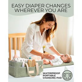 Baby Diaper Caddy Organizer with Portable Changing Mat and Bear Burp Cloth - Teddy Fleece Diaper Organizer for Changing Table - Baby Basket for Diaper Changing Essentials - Green