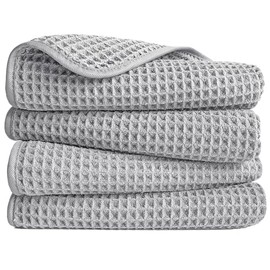 POLYTE Microfiber Lint Free Hand Towel, 16 x 30 in, 4 Pack (Light Gray, Waffle Weave)