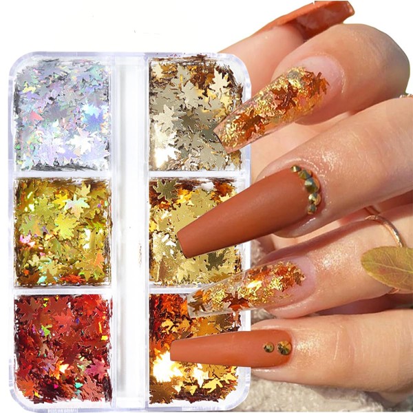 Maple Leaf Nail Glitter Sequins 3D 6 Grids Fall Holographic