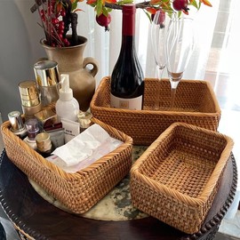YANGQIHOME Wicker Storage Basket, Rectangular Rattan Fruit Baskets, Natural Woven Serving Basket and Organizer for Shelf (Set of 3)