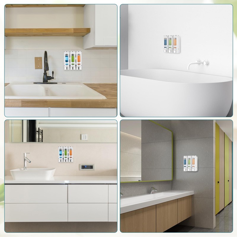 White 3-Chamber Wall Mounted Dispenser for Shower, Bathroom, Kitchen or