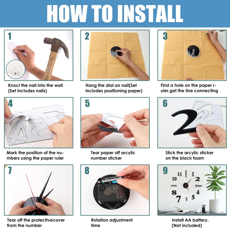 3D Klebe Wanduhr Groß,50CM DIY uhr zum Kleben, Leise Selbstklebend,