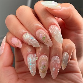 Aurora Blossom Jelly with 3D Embellishments French Press on Nails, Pearl Butterfly Design, 24 PCS Medium Almond False Nails Set, French Tip Handmade ArtStick on Fake for Women (3D Pearl Floral Tips)