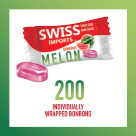 Swiss Imports Sugar Free Bonbons Hard Candy Drops, Melon, 200 Individually Wrapped Pieces, 500g/17.6oz