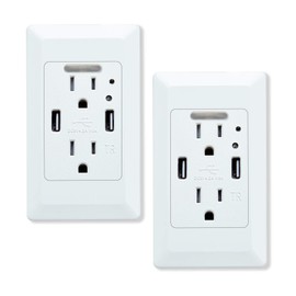 KCMYTONER USB Charger Wall Outlet with Nightlight,USB Outlet 2 USB Charging Ports 4.2A and 2 Electrical AC Outlets, 15A Tamper Resistant Outlet,White with Wall Plate,Auto LED Nightlight 2 Pack