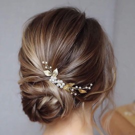 Jeairts Flower Crystal Bride Wedding Hair Pins Pearl Bridal Headpiece Leaves Headwear Hair Piece Decorative Hair Accessories for Women and Girls(Pack of 3) (Gold)