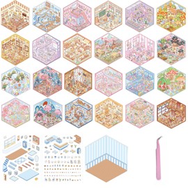 24 Sets DIY 3D House Stickers for Adult Kids Funny 3D Cartoon DIY Sticker Scenes Make Your Own Mini Room Relief Stress Pass The Time Kids Birthday Gift Play Park Hamburg Castle Library