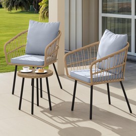 DWVO 3 Piece Patio Bistro Set, Patio Furniture Set Outdoor Wicker Bistro Rattan Chair Conversation Sets with Coffee Table for Yard Backyard Lawn Porch Poolside Balcony, Grey
