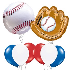 Custom, Fun & Cool 8 Pack of Helium & Air Inflatable Mylar/Latex Balloons w/ Athletic Sports Baseball & Baseball Glove Birthday Design [Variety Assorted Multicolor in Red, White, Blue. Black & Brown]