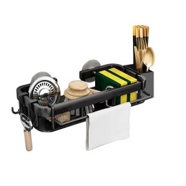 youjia Kitchen Sink Organiser Hanging Sponge Holder Sink Brush Holder Sink Organiser Kitchen Stainless Steel with Stick Holders Towel Holder Hook No Drilling Kitchen Caddy Holder Shelf