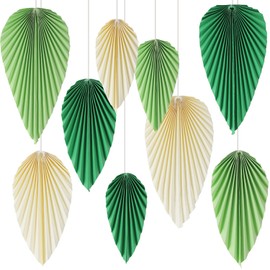 SUNBEAUTY Pack of 9 Paper Fan Decoration Hanging Garland Green Pale Yellow Leaf Paper Fan Party Decoration Set for Wedding Birthday Tea Party Table Decoration Classroom Baby Shower Backdrop Garland