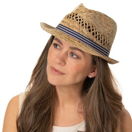 Lipodo Stripes Harvest Aid Straw Hat Women/Men – Made in Italy – Straw Sun Hat – Airy Summer Hat – With Striped Hat Band – Straw Trilby Spring/Summer, natural
